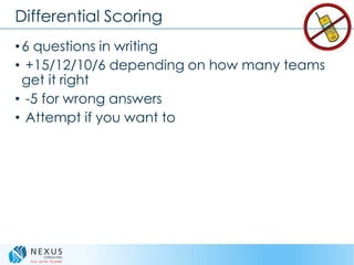 Differential Scoring
•6 questions in writing
• +15/12/10/6 depending on how many teams
get it right
• -5 for wrong answers
• Attempt if you want to
 