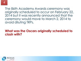 4
The 86th Academy Awards ceremony was
originally scheduled to occur on February 22,
2014 but it was recently announced that the
ceremony would move to March 2, 2014 to
avoid diluting TRPs.
What was the Oscars originally scheduled to
clash with?
 
