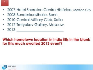 • 2007 Hotel Sheraton Centro Histórico, Mexico City
• 2008 Bundeskunsthalle, Bonn
• 2010 Central Military Club, Sofia
• 2012 Tretyakov Gallery, Moscow
• 2013 __________________________
Which hometown location in India fills in the blank
for this much awaited 2013 event?
1
 
