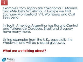 Examples from Japan are Yokohoma F. Marinos
and Mitsubishi Mizushima. In Europe we find
Sochaux-Montbéliard, VFL Wolfsburg and Carl
Zeiss Jena.
In South America, Argentina has Rosario Central
and Talleres de Cordoba. Brazil and Uruguay
have many more.
Listing examples from the U.K., especially the
Woolwich one will be a dead giveaway.
What are we talking about?
8
 