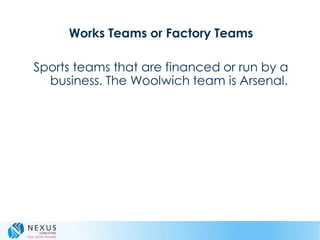 Works Teams or Factory Teams
Sports teams that are financed or run by a
business. The Woolwich team is Arsenal.
 