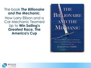 The book The Billionaire
and the Mechanic,
How Larry Ellison and a
Car Mechanic Teamed
Up to Win Sailing's
Greatest Race, The
America's Cup
 