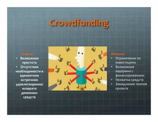 Crowdfunding	
  
	
  
	
  
	
                                                     	
  
           Плюсы:	
                ...