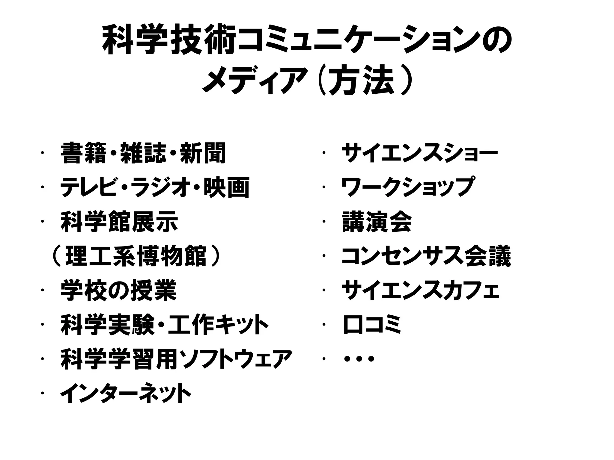 科学技術コミュニケーションの
メディア(方法）
• 書籍・雑誌・新聞
• テレビ・ラジオ・映画
• 科学館展示
（理工系博物館）
• 学校の授業
• 科学実験・工作キット
• 科学学習用ソフトウェア
• インターネット
• サイエンスショー
• ワークショップ
• 講演会
• コンセンサス会議
• サイエンスカフェ
• 口コミ
• ・・・
 