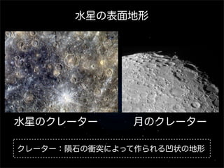 水星のクレーター 月のクレーター
クレーター：隕石の衝突によって作られる凹状の地形
水星の表面地形
 