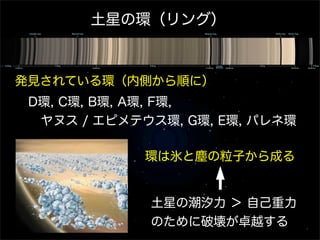 土星の環（リング）
発見されている環（内側から順に）
D環, C環, B環, A環, F環,
 ヤヌス / エピメテウス環, G環, E環, パレネ環
環は氷と塵の粒子から成る
土星の潮汐力 ＞ 自己重力
のために破壊が卓越する
 