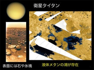 衛星タイタン
液体メタンの湖が存在表面には石や氷塊
 