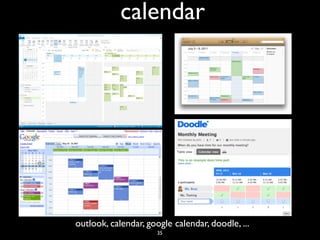 calendar
outlook, calendar, google calendar, doodle, ...
35
 