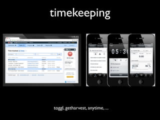 timekeeping
toggl, getharvest, anytime, ...
 