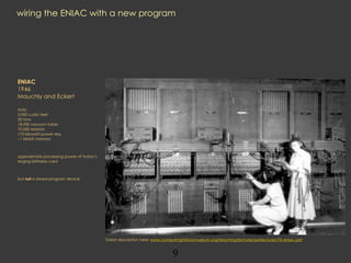 wiring the ENIAC with a new program
ENIAC
1946
Mauchly and Eckert
stats:
3,000 cubic feet
30 tons
18,000 vacuum tubes
70,000 resistors
170 kilowatt power req.
~1 kilobit memory
approximate processing power of today’s
singing birthday card
but not a stored-program device
Great description here: www.computinghistorymuseum.org/teaching/lectures/pptlectures/7b-eniac.ppt
9
 