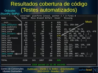 Resultados cobertura de código
Oráculos
(Testes automatizados)

(NumPy, SciPy)

--------------- coverage: platform linux2,...