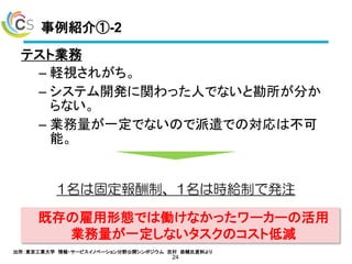 事例紹介①-2
テスト業務
– 軽視されがち。
– システム開発に関わった人でないと勘所が分か
らない。
– 業務量が一定でないので派遣での対応は不可
能。
24
1名は固定報酬制、1名は時給制で発注
• 業務量の増減がコストに響きにくい。
• 元SEの専業主婦で時間が自由に使いやすい。
既存の雇用形態では働けなかったワーカーの活用
業務量が一定しないタスクのコスト低減
出所：東京工業大学 情報・サービスイノベーション分野公開シンポジウム 吉村 恭輔氏資料より
 