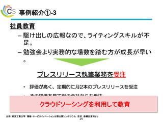 事例紹介①-3
社員教育
– 駆け出しの広報なので、ライティングスキルが不
足。
– 勉強会より実務的な場数を踏む方が成長が早い
。
25
プレスリリース執筆業務を受注
• 評価が高く、定期的に月2本のプレスリリースを受注
• その評価を見て別の会社からも受注
• それの活動を見て、広報勉強会の講師依頼クラウドソーシングを利用して教育
出所：東京工業大学 情報・サービスイノベーション分野公開シンポジウム 吉村 恭輔氏資料より
 