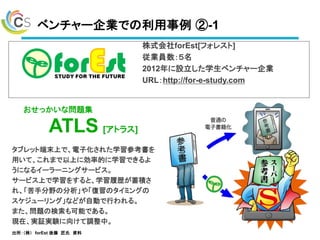 株式会社forEst[フォレスト]
従業員数：５名
2012年に設立した学生ベンチャー企業
URL：http://for-e-study.com
タブレット端末上で、電子化された学習参考書を
用いて、これまで以上に効率的に学習できるよ
うになるイーラーニングサービス。
サービス上で学習をすると、学習履歴が蓄積さ
れ、「苦手分野の分析」や「復習のタイミングの
スケジューリング」などが自動で行われる。
また、問題の検索も可能である。
現在、実証実験に向けて調整中。
おせっかいな問題集
ATLS [アトラス]
ベンチャー企業での利用事例 ②-1
出所：（株） forEst 後藤 匠氏 資料
 