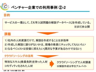 サービスの一環として、『大学入試問題の解説データベース』を作成している。
※まだ未公開
１）社内の人的資源だけで、解説を作成することは非効率
２）作成した解説に誤りがないかは、現場の教員にチェックしてもらいたい
３）なるべくコストは安価に抑えたい(潤沢な予算があるわけではない)
目的
クラウドソーシングの活用
ベンチャー企業での利用事例 ②-2
特別なスキル(教員免許)を持った人材
コモディティ化された人材
クラウドソーシングで人材調達
※解説作成は学生アルバイト
課題
出所：（株） forEst 後藤 匠氏 資料
 