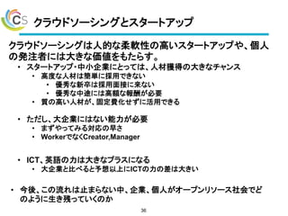クラウドソーシングとスタートアップ
クラウドソーシングは人的な柔軟性の高いスタートアップや、個人
の発注者には大きな価値をもたらす。
36
• スタートアップ・中小企業にとっては、人材獲得の大きなチャンス
• 高度な人材は簡単に採用できない
• 優秀な新卒は採用面接に来ない
• 優秀な中途には高額な報酬が必要
• 質の高い人材が、固定費化せずに活用できる
• 今後、この流れは止まらない中、企業、個人がオープンリソース社会でど
のように生き残っていくのか
• ただし、大企業にはない能力が必要
• まずやってみる対応の早さ
• WorkerでなくCreator,Manager
• ICT、英語の力は大きなプラスになる
• 大企業と比べると予想以上にICTの力の差は大きい
 