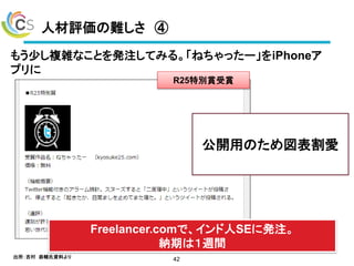 人材評価の難しさ ④
42
もう少し複雑なことを発注してみる。「ねちゃったー」をiPhoneア
プリに
R25特別賞受賞
Freelancer.comで、インド人SEに発注。
納期は１週間
出所：吉村 恭輔氏資料より
公開用のため図表割愛
 