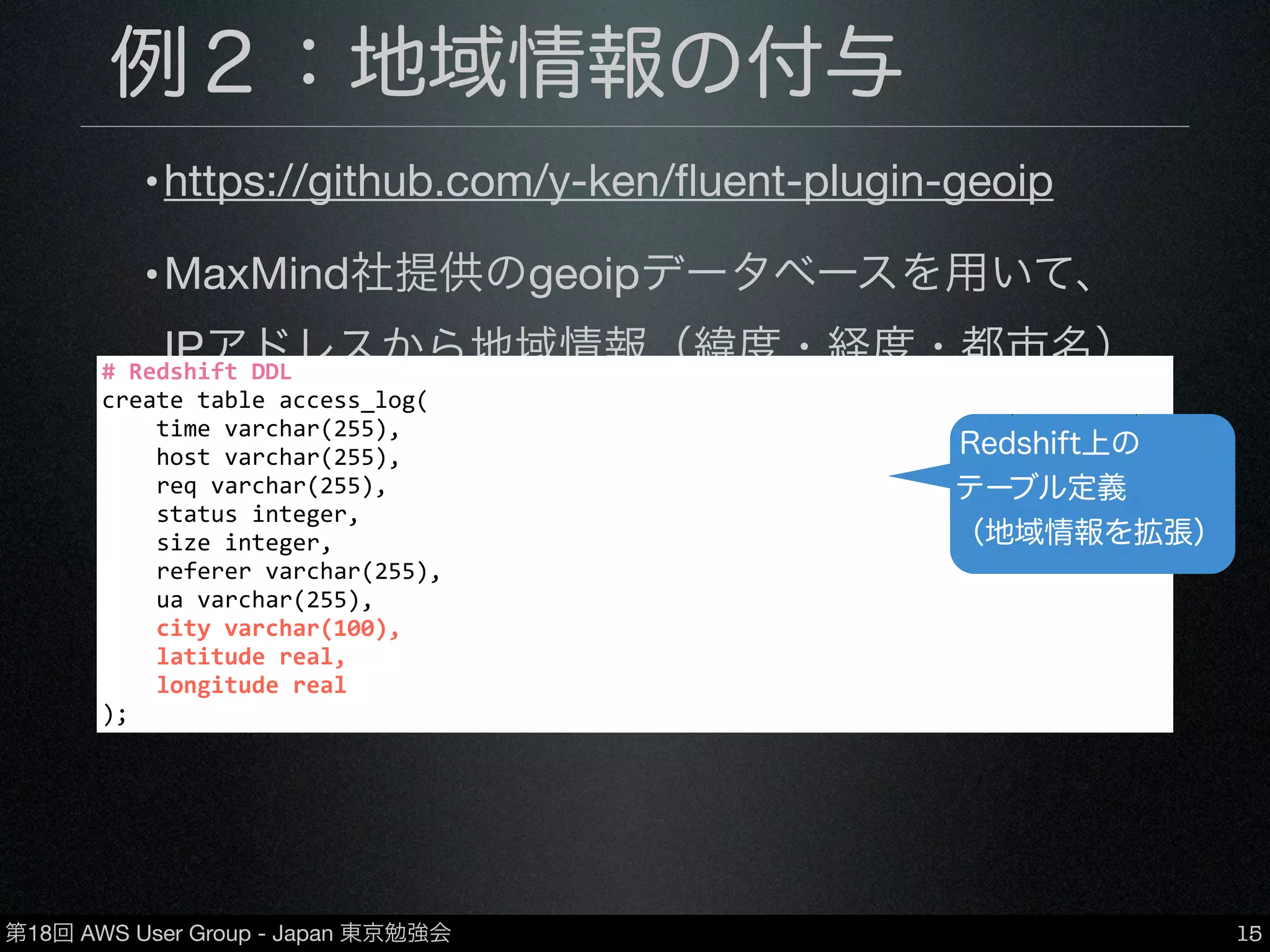第18回 AWS User Group - Japan 東京勉強会
例２：地域情報の付与
•https://github.com/y-ken/ﬂuent-plugin-geoip
•MaxMind社提供のgeoipデータベースを用いて、
IPアドレスから地域情報（緯度・経度・都市名）
を取得しデータに付与
•データベースは有償・無償ともに使用可
15
#	
  Redshift	
  DDL
create	
  table	
  access_log(
	
  	
  	
  	
  time	
  varchar(255),
	
  	
  	
  	
  host	
  varchar(255),
	
  	
  	
  	
  req	
  varchar(255),
	
  	
  	
  	
  status	
  integer,
	
  	
  	
  	
  size	
  integer,
	
  	
  	
  	
  referer	
  varchar(255),
	
  	
  	
  	
  ua	
  varchar(255),
	
  	
  	
  	
  city	
  varchar(100),
	
  	
  	
  	
  latitude	
  real,
	
  	
  	
  	
  longitude	
  real
);
Redshift上の
テーブル定義
（地域情報を拡張）
 
