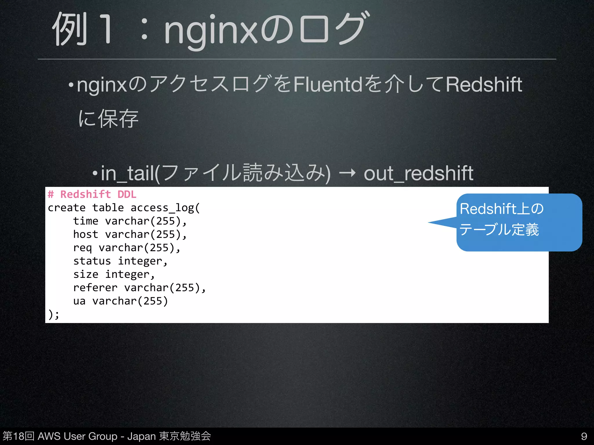 第18回 AWS User Group - Japan 東京勉強会
例１：nginxのログ
•nginxのアクセスログをFluentdを介してRedshift
に保存
•in_tail(ファイル読み込み) → out_redshift
9
#	
  Redshift	
  DDL
create	
  table	
  access_log(
	
  	
  	
  	
  time	
  varchar(255),
	
  	
  	
  	
  host	
  varchar(255),
	
  	
  	
  	
  req	
  varchar(255),
	
  	
  	
  	
  status	
  integer,
	
  	
  	
  	
  size	
  integer,
	
  	
  	
  	
  referer	
  varchar(255),
	
  	
  	
  	
  ua	
  varchar(255)	
  
);
Redshift上の
テーブル定義
 