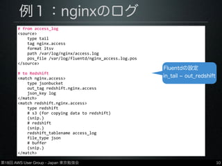 第18回 AWS User Group - Japan 東京勉強会
例１：nginxのログ
•nginxのアクセスログをFluentdを介してRedshift
に保存
•in_tail(ファイル読み込み) → out_redshift
10
#	
  from	
  access_log
<source>
	
  	
  	
  	
  type	
  tail
	
  	
  	
  	
  tag	
  nginx.access
	
  	
  	
  	
  format	
  ltsv
	
  	
  	
  	
  path	
  /var/log/nginx/access.log
	
  	
  	
  	
  pos_file	
  /var/log/fluentd/nginx_access.log.pos
</source>
#	
  to	
  Redshift	
  
<match	
  nginx.access>
	
  	
  	
  	
  type	
  jsonbucket
	
  	
  	
  	
  out_tag	
  redshift.nginx.access
	
  	
  	
  	
  json_key	
  log
</match>
<match	
  redshift.nginx.access>
	
  	
  	
  	
  type	
  redshift
	
  	
  	
  	
  #	
  s3	
  (for	
  copying	
  data	
  to	
  redshift)
	
  	
  	
  	
  (snip.)
	
  	
  	
  	
  #	
  redshift
	
  	
  	
  	
  (snip.)
	
  	
  	
  	
  redshift_tablename	
  access_log
	
  	
  	
  	
  file_type	
  json
	
  	
  	
  	
  #	
  buffer
	
  	
  	
  	
  (snip.)
</match>
Fluentdの設定
in_tail out_redshift
 