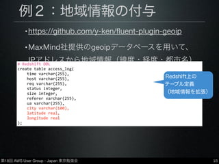 第18回 AWS User Group - Japan 東京勉強会
例２：地域情報の付与
•https://github.com/y-ken/ﬂuent-plugin-geoip
•MaxMind社提供のgeoipデータベースを用いて、
IPアドレスから地域情報（緯度・経度・都市名）
を取得しデータに付与
•データベースは有償・無償ともに使用可
15
#	
  Redshift	
  DDL
create	
  table	
  access_log(
	
  	
  	
  	
  time	
  varchar(255),
	
  	
  	
  	
  host	
  varchar(255),
	
  	
  	
  	
  req	
  varchar(255),
	
  	
  	
  	
  status	
  integer,
	
  	
  	
  	
  size	
  integer,
	
  	
  	
  	
  referer	
  varchar(255),
	
  	
  	
  	
  ua	
  varchar(255),
	
  	
  	
  	
  city	
  varchar(100),
	
  	
  	
  	
  latitude	
  real,
	
  	
  	
  	
  longitude	
  real
);
Redshift上の
テーブル定義
（地域情報を拡張）
 