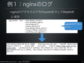 第18回 AWS User Group - Japan 東京勉強会
例１：nginxのログ
•nginxのアクセスログをFluentdを介してRedshift
に保存
•in_tail(ファイル読み込み) → out_redshift
8
	
  	
  log_format	
  	
  ltsv	
  	
  'time:$time_localt'
	
  	
  	
  	
  	
  	
  	
  	
  	
  	
  	
  	
  	
  	
  	
  	
  	
  	
  	
  	
  'host:$remote_addrt'
	
  	
  	
  	
  	
  	
  	
  	
  	
  	
  	
  	
  	
  	
  	
  	
  	
  	
  	
  	
  'req:$requestt'
	
  	
  	
  	
  	
  	
  	
  	
  	
  	
  	
  	
  	
  	
  	
  	
  	
  	
  	
  	
  'status:$statust'
	
  	
  	
  	
  	
  	
  	
  	
  	
  	
  	
  	
  	
  	
  	
  	
  	
  	
  	
  	
  'size:$body_bytes_sentt'
	
  	
  	
  	
  	
  	
  	
  	
  	
  	
  	
  	
  	
  	
  	
  	
  	
  	
  	
  	
  'referer:$http_referert'
	
  	
  	
  	
  	
  	
  	
  	
  	
  	
  	
  	
  	
  	
  	
  	
  	
  	
  	
  	
  'ua:$http_user_agentt';
time:02/Oct/2013:20:32:31	
  +0900	
  	
  	
  	
  host:xxx.xxx.xxx.xxx	
  	
  	
  	
  req:GET	
  /musicians/
famous/	
  HTTP/1.1	
  	
  	
  	
  status:200	
  	
  	
  	
  size:2172	
  	
  	
  	
  referer:http://www.sada.co.jp/
index.html	
  	
  	
  	
  ua:Mozilla/5.0	
  (iPhone;	
  CPU	
  iPhone	
  OS	
  7_0_2	
  like	
  Mac	
  OS	
  X)	
  
AppleWebKit/537.51.1	
  (KHTML,	
  like	
  Gecko)	
  Version/7.0	
  Mobile/11A501	
  Safari/
9537.53
nginxのログフォー
マット
 