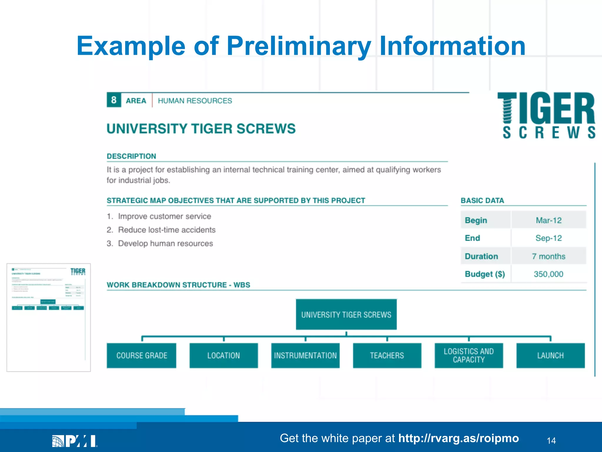 Example of Preliminary Information

Get the white paper at http://rvarg.as/roipmo

14

 