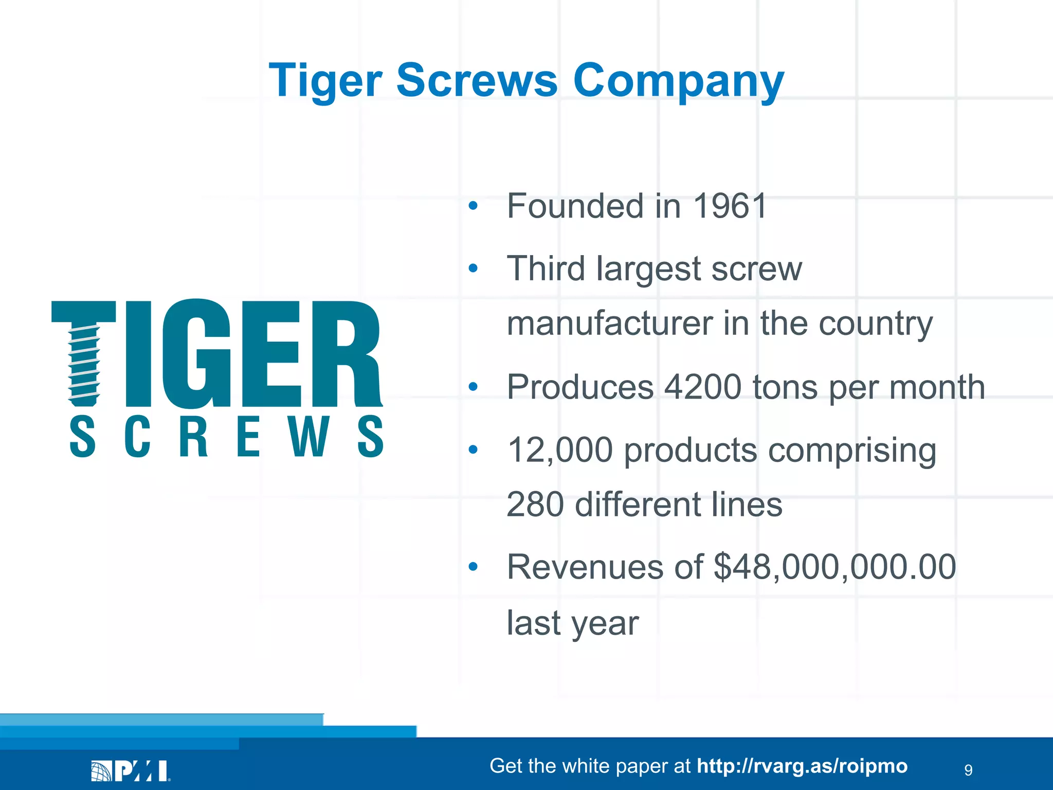 Tiger Screws Company

S DA EMPRESA
•  Founded in 1961

•  Third largest screw
A Tiger Screws foi fundada em 1961 e é
manufacturer in the country
a terceira maior fabricante de parafusos
do país.Produces 4200 tons per month
• 
Tem capacidade para produzir 4,2 mil
•  12,000 products comprising
toneladas/mês e um portfólio de 12 mil
produtos em 280 diferentes linhas. 280 different lines
Com faturamento de R$48.000.000.00 no último ano, a Tiger Screws
•  Revenues of $48,000,000.00
tem crescido em média 21% ao ano. Outra empresa, a líder nesse
last year
segmento, tem faturamento de R$79.000.000.00 e uma média de
crescimento de 15% ao ano.
70% das vendas da Tiger Screws são feitas no mercado nacional e
30% em outros 6 países dos continentes americano at http://rvarg.as/roipmo
Get the white paper e africano.

9

 