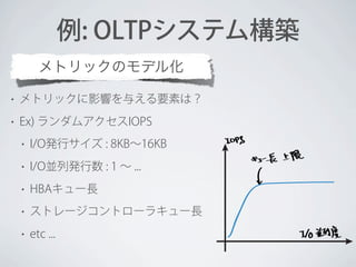 例: OLTPシステム構築
メトリックのモデル化
•

メトリックに影響を与える要素は？

•

Ex) ランダムアクセスIOPS
•

I/O発行サイズ : 8KB∼16KB

•

I/O並列発行数 : 1 ∼ ...

•

HBAキュー長

•

ストレージコントローラキュー長

•

etc ...

 