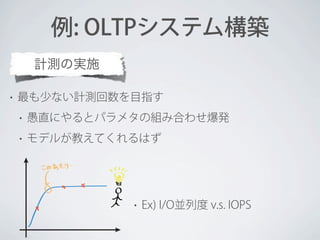 例: OLTPシステム構築
計測の実施
•

最も少ない計測回数を目指す
•

愚直にやるとパラメタの組み合わせ爆発

•

モデルが教えてくれるはず

•

Ex) I/O並列度 v.s. IOPS

 