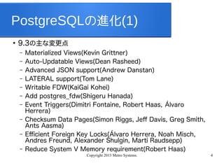 Copyright 2013 Metro Systems. 4
PostgreSQLの進化(1)
●
9.3の主な変更点
– Materialized Views(Kevin Grittner)
– Auto-Updatable Views(Dean Rasheed)
– Advanced JSON support(Andrew Danstan)
– LATERAL support(Tom Lane)
– Writable FDW(KaiGai Kohei)
– Add postgres_fdw(Shigeru Hanada)
– Event Triggers(Dimitri Fontaine, Robert Haas, Álvaro
Herrera)
– Checksum Data Pages(Simon Riggs, Jef Davis, Greg Smith,
Ants Aasma)
– Efcient Foreign Key Locks(Álvaro Herrera, Noah Misch,
Andres Freund, Alexander Shulgin, Marti Raudsepp)
– Reduce System V Memory requirement(Robert Haas)
 