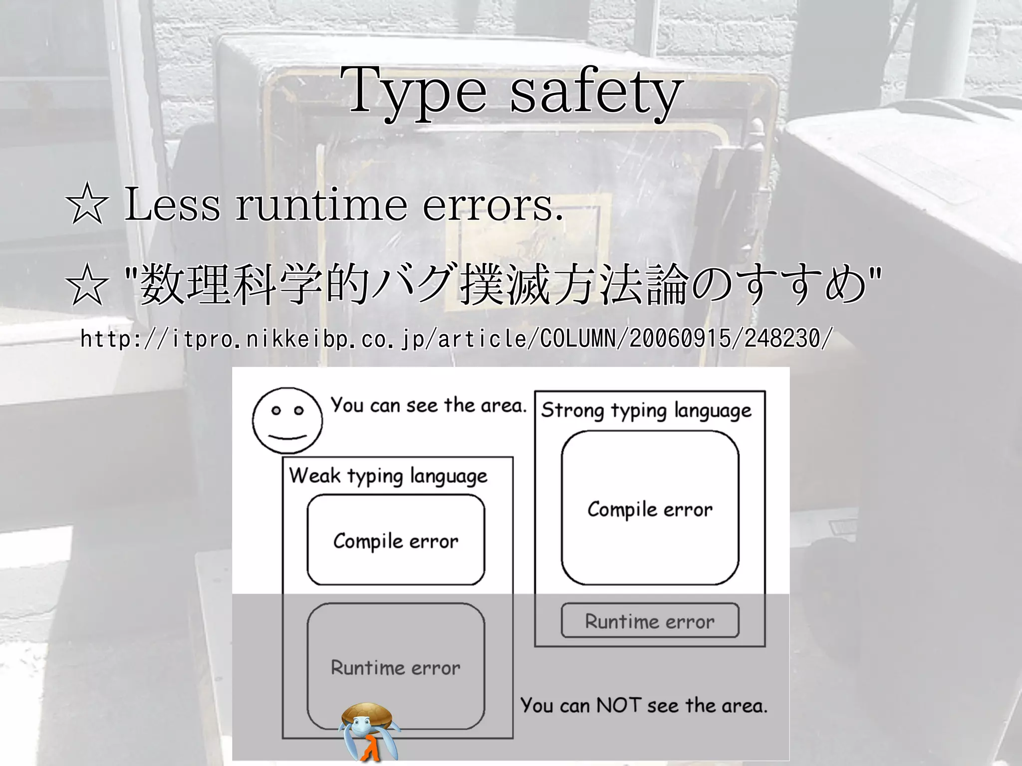 Type safetyType safetyType safetyType safetyType safety
☆ Less runtime errors.☆ Less runtime errors.☆ Less runtime errors.☆ Less runtime errors.☆ Less runtime errors.
☆ "数理科学的バグ撲滅方法論のすすめ"☆ "数理科学的バグ撲滅方法論のすすめ"☆ "数理科学的バグ撲滅方法論のすすめ"☆ "数理科学的バグ撲滅方法論のすすめ"☆ "数理科学的バグ撲滅方法論のすすめ"
http://itpro.nikkeibp.co.jp/article/COLUMN/20060915/248230/http://itpro.nikkeibp.co.jp/article/COLUMN/20060915/248230/http://itpro.nikkeibp.co.jp/article/COLUMN/20060915/248230/http://itpro.nikkeibp.co.jp/article/COLUMN/20060915/248230/http://itpro.nikkeibp.co.jp/article/COLUMN/20060915/248230/
 