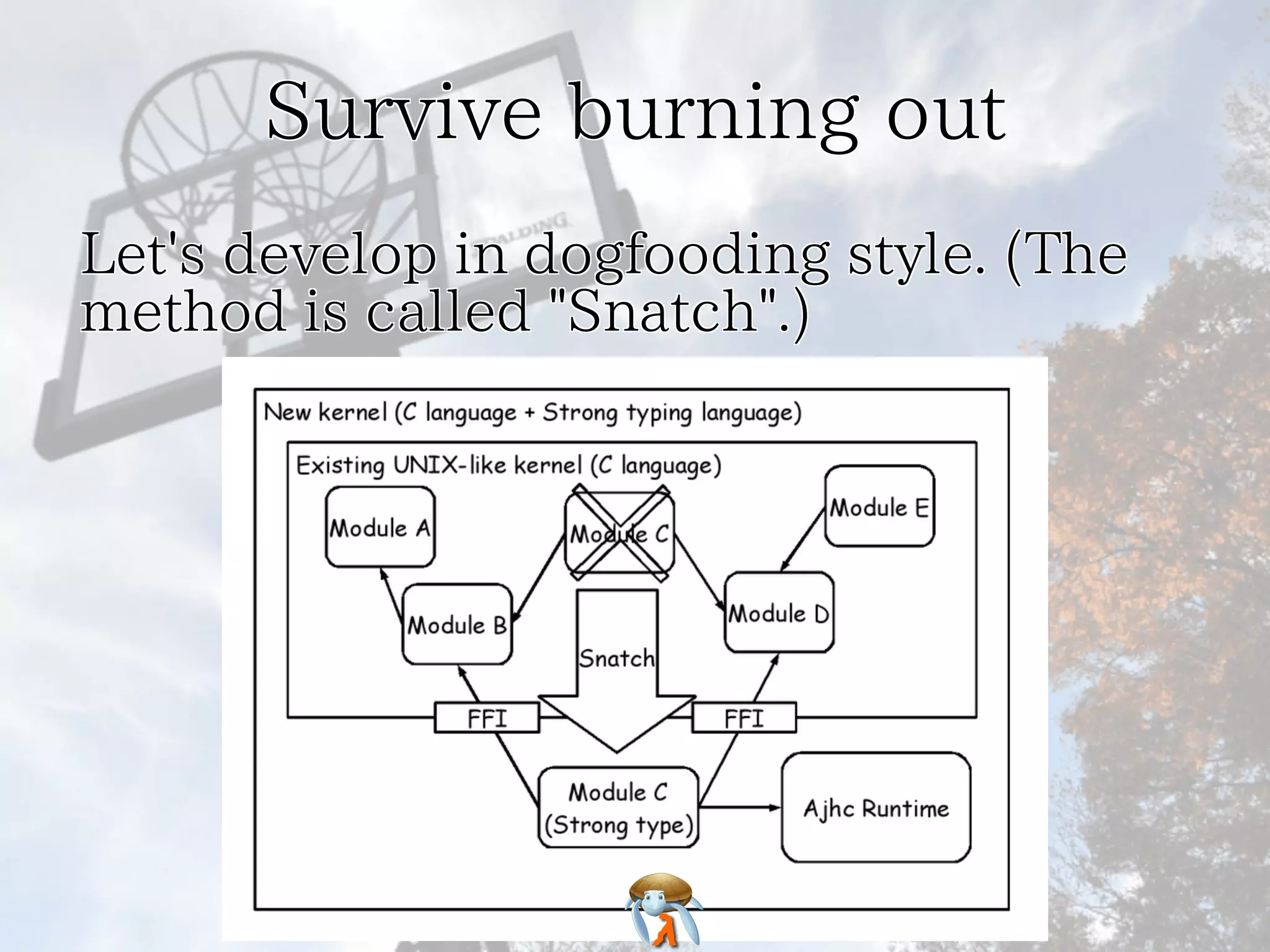 Survive burning outSurvive burning outSurvive burning outSurvive burning outSurvive burning out
Let's develop in dogfooding style. (The
method is called "Snatch".)
Let's develop in dogfooding style. (The
method is called "Snatch".)
Let's develop in dogfooding style. (The
method is called "Snatch".)
Let's develop in dogfooding style. (The
method is called "Snatch".)
Let's develop in dogfooding style. (The
method is called "Snatch".)
 