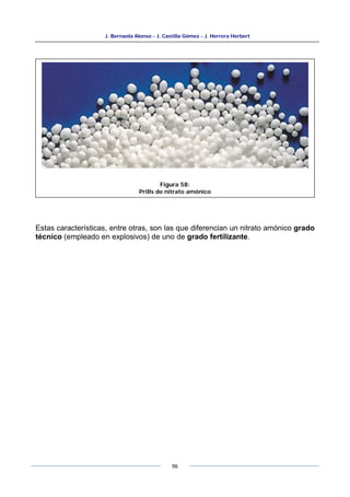 J. Bernaola Alonso - J. Castilla Gómez - J. Herrera Herbert
96
Estas características, entre otras, son las que diferencian un nitrato amónico grado
técnico (empleado en explosivos) de uno de grado fertilizante.
Figura 58:
Prills de nitrato amónico
 