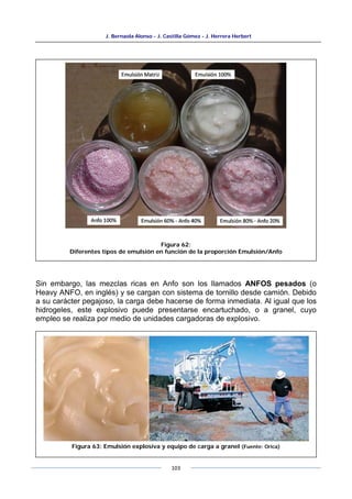 J. Bernaola Alonso - J. Castilla Gómez - J. Herrera Herbert
103
Sin embargo, las mezclas ricas en Anfo son los llamados ANFOS pesados (o
Heavy ANFO, en inglés) y se cargan con sistema de tornillo desde camión. Debido
a su carácter pegajoso, la carga debe hacerse de forma inmediata. Al igual que los
hidrogeles, este explosivo puede presentarse encartuchado, o a granel, cuyo
empleo se realiza por medio de unidades cargadoras de explosivo.
Figura 62:
Diferentes tipos de emulsión en función de la proporción Emulsión/Anfo
Figura 63: Emulsión explosiva y equipo de carga a granel (Fuente: Orica)
 