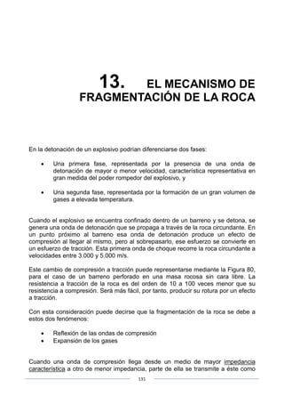 131
13. EL MECANISMO DE
FRAGMENTACIÓN DE LA ROCA
En la detonación de un explosivo podrían diferenciarse dos fases:
• Una primera fase, representada por la presencia de una onda de
detonación de mayor o menor velocidad, característica representativa en
gran medida del poder rompedor del explosivo, y
• Una segunda fase, representada por la formación de un gran volumen de
gases a elevada temperatura.
Cuando el explosivo se encuentra confinado dentro de un barreno y se detona, se
genera una onda de detonación que se propaga a través de la roca circundante. En
un punto próximo al barreno esa onda de detonación produce un efecto de
compresión al llegar al mismo, pero al sobrepasarlo, ese esfuerzo se convierte en
un esfuerzo de tracción. Esta primera onda de choque recorre la roca circundante a
velocidades entre 3.000 y 5.000 m/s.
Este cambio de compresión a tracción puede representarse mediante la Figura 80,
para el caso de un barreno perforado en una masa rocosa sin cara libre. La
resistencia a tracción de la roca es del orden de 10 a 100 veces menor que su
resistencia a compresión. Será más fácil, por tanto, producir su rotura por un efecto
a tracción.
Con esta consideración puede decirse que la fragmentación de la roca se debe a
estos dos fenómenos:
• Reflexión de las ondas de compresión
• Expansión de los gases
Cuando una onda de compresión llega desde un medio de mayor impedancia
característica a otro de menor impedancia, parte de ella se transmite a éste como
 