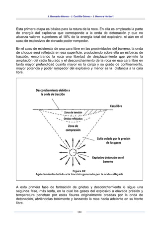 J. Bernaola Alonso - J. Castilla Gómez - J. Herrera Herbert
134
Esta primera etapa es básica para la rotura de la roca. En ella es empleada la parte
de energía del explosivo que corresponde a la onda de detonación y que no
alcanza valores superiores al 10% de la energía total del explosivo, ni aún en el
caso de explosivos de elevado poder rompedor.
En el caso de existencia de una cara libre en las proximidades del barreno, la onda
de choque será reflejada en esa superficie, produciendo sobre ella un esfuerzo de
tracción, encontrando la roca una libertad de desplazamiento que permite la
ampliación del radio fisurado y el desconchamiento de la roca en esa cara libre en
tanta mayor profundidad cuanto mayor es la carga y su grado de confinamiento,
mayor potencia y poder rompedor del explosivo y menor es la distancia a la cara
libre.
A esta primera fase de formación de grietas y desconchamiento le sigue una
segunda fase, más lenta, en la cual los gases del explosivo a elevada presión y
temperatura penetran por estas fisuras originalmente creadas por la onda de
detonación, abriéndolas totalmente y lanzando la roca hacia adelante en su frente
libre.
Figura 82:
Agrietamiento debido a la tracción generada por la onda reflejada
 
