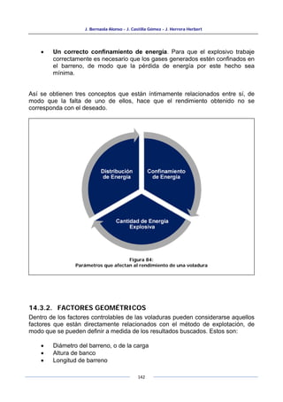 J. Bernaola Alonso - J. Castilla Gómez - J. Herrera Herbert
142
• Un correcto confinamiento de energía. Para que el explosivo trabaje
correctamente es necesario que los gases generados estén confinados en
el barreno, de modo que la pérdida de energía por este hecho sea
mínima.
Así se obtienen tres conceptos que están íntimamente relacionados entre sí, de
modo que la falta de uno de ellos, hace que el rendimiento obtenido no se
corresponda con el deseado.
14.3.2. FACTORES GEOMÉTRICOS
Dentro de los factores controlables de las voladuras pueden considerarse aquellos
factores que están directamente relacionados con el método de explotación, de
modo que se pueden definir a medida de los resultados buscados. Estos son:
• Diámetro del barreno, o de la carga
• Altura de banco
• Longitud de barreno
Figura 84:
Parámetros que afectan al rendimiento de una voladura
 