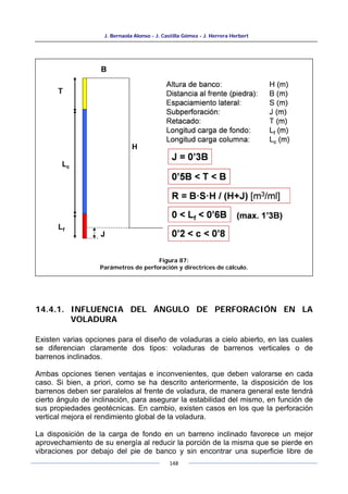 J. Bernaola Alonso - J. Castilla Gómez - J. Herrera Herbert
148
14.4.1. INFLUENCIA DEL ÁNGULO DE PERFORACIÓN EN LA
VOLADURA
Existen varias opciones para el diseño de voladuras a cielo abierto, en las cuales
se diferencian claramente dos tipos: voladuras de barrenos verticales o de
barrenos inclinados.
Ambas opciones tienen ventajas e inconvenientes, que deben valorarse en cada
caso. Si bien, a priori, como se ha descrito anteriormente, la disposición de los
barrenos deben ser paralelos al frente de voladura, de manera general este tendrá
cierto ángulo de inclinación, para asegurar la estabilidad del mismo, en función de
sus propiedades geotécnicas. En cambio, existen casos en los que la perforación
vertical mejora el rendimiento global de la voladura.
La disposición de la carga de fondo en un barreno inclinado favorece un mejor
aprovechamiento de su energía al reducir la porción de la misma que se pierde en
vibraciones por debajo del pie de banco y sin encontrar una superficie libre de
Figura 87:
Parámetros de perforación y directrices de cálculo.
 