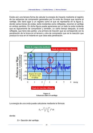 J. Bernaola Alonso - J. Castilla Gómez - J. Herrera Herbert
10
Existe aún una tercera forma de calcular la energía de impacto mediante el registro
de los esfuerzos de compresión generados por la onda de choque que recorre el
varillaje. Ello dará lugar a un registro como el que se representa en la figura 2,
donde varios trenes de ondas, tanto incidentes como reflejadas, recorren el varillaje
en ambos sentidos. En dicha figura puede apreciarse por un lado la onda incidente
que es lógicamente de compresión y también, un cierto tiempo después, la onda
reflejada, que tiene dos partes: una primera de tracción que se corresponde con la
penetración de la broca en el terreno y otra de compresión que es la reacción que
produce la roca en el instante en que cesa esta penetración.
La energía de una onda puede calcularse mediante la fórmula:
𝐸3 =
𝑆 ∙ 𝑐
𝑌
� 𝑓2
𝑑𝑡
𝑡2
𝑛
donde:
S = Sección del varillaje.
Figura 2:
Esfuerzos sobre el varillaje
 