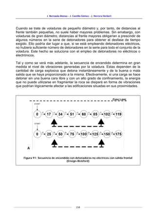 J. Bernaola Alonso - J. Castilla Gómez - J. Herrera Herbert
158
Cuando se trate de voladuras de pequeño diámetro y, por tanto, de distancias al
frente también pequeñas, no suele haber mayores problemas. Sin emabargo, con
voladuras de gran diámetro, distancias al frente mayores obligarían a prescindir de
algunos números en la serie de detonadores para obtener el desfase de tiempo
exigido. Ello podría dar lugar a que, si se está empleando detonadores eléctricos,
no hubiera suficiente número de detonadores en la serie para todo el conjunto de la
voladura. Este hecho se soluciona con el empleo de detonadores no eléctricos o
electrónicos.
Tal y como se verá más adelante, la secuencia de encendido determina en gran
medida el nivel de vibraciones generadas por la voladura. Estas dependen de la
cantidad de carga explosiva que detona instantáneamente y de la buena o mala
salida que se haya proporcionado a la misma. Efectivamente, si una carga se hace
detonar sin una buena cara libre y con un alto grado de confinamiento, la energía
que no puede utilizarse en fragmentar la roca se disipará en forma de vibraciones
que podrían lógicamente afectar a las edificaciones situadas en sus proximidades.
A
Figura 91: Secuencia de encendido con detonadores no eléctricos con salida frontal
(Ensign-Bickford)
 