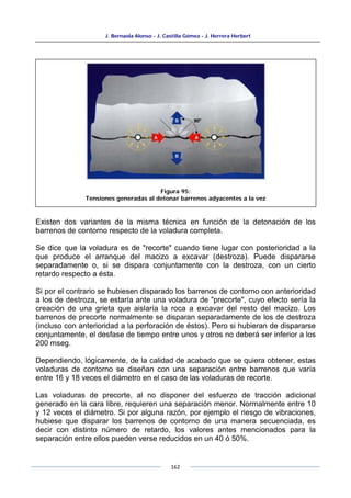 J. Bernaola Alonso - J. Castilla Gómez - J. Herrera Herbert
162
Existen dos variantes de la misma técnica en función de la detonación de los
barrenos de contorno respecto de la voladura completa.
Se dice que la voladura es de "recorte" cuando tiene lugar con posterioridad a la
que produce el arranque del macizo a excavar (destroza). Puede dispararse
separadamente o, si se dispara conjuntamente con la destroza, con un cierto
retardo respecto a ésta.
Si por el contrario se hubiesen disparado los barrenos de contorno con anterioridad
a los de destroza, se estaría ante una voladura de "precorte", cuyo efecto sería la
creación de una grieta que aislaría la roca a excavar del resto del macizo. Los
barrenos de precorte normalmente se disparan separadamente de los de destroza
(incluso con anterioridad a la perforación de éstos). Pero si hubieran de dispararse
conjuntamente, el desfase de tiempo entre unos y otros no deberá ser inferior a los
200 mseg.
Dependiendo, lógicamente, de la calidad de acabado que se quiera obtener, estas
voladuras de contorno se diseñan con una separación entre barrenos que varía
entre 16 y 18 veces el diámetro en el caso de las voladuras de recorte.
Las voladuras de precorte, al no disponer del esfuerzo de tracción adicional
generado en la cara libre, requieren una separación menor. Normalmente entre 10
y 12 veces el diámetro. Si por alguna razón, por ejemplo el riesgo de vibraciones,
hubiese que disparar los barrenos de contorno de una manera secuenciada, es
decir con distinto número de retardo, los valores antes mencionados para la
separación entre ellos pueden verse reducidos en un 40 ó 50%.
Figura 95:
Tensiones generadas al detonar barrenos adyacentes a la vez
 