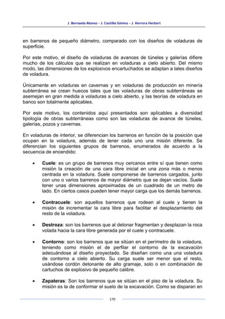 J. Bernaola Alonso - J. Castilla Gómez - J. Herrera Herbert
170
en barrenos de pequeño diámetro, comparado con los diseños de voladuras de
superficie.
Por este motivo, el diseño de voladuras de avances de túneles y galerías difiere
mucho de los cálculos que se realizan en voladuras a cielo abierto. Del mismo
modo, las dimensiones de los explosivos encartuchados se adaptan a tales diseños
de voladura.
Únicamente en voladuras en cavernas y en voladuras de producción en minería
subterránea se crean huecos tales que las voladuras de obras subterráneas se
asemejan en gran medida a voladuras a cielo abierto, y las teorías de voladura en
banco son totalmente aplicables.
Por este motivo, los contenidos aquí presentados son aplicables a diversidad
tipología de obras subterráneas como son las voladuras de avance de túneles,
galerías, pozos y cavernas.
En voladuras de interior, se diferencian los barrenos en función de la posición que
ocupan en la voladura, además de tener cada uno una misión diferente. Se
diferencian los siguientes grupos de barrenos, enumerados de acuerdo a la
secuencia de encendido:
• Cuele: es un grupo de barrenos muy cercanos entre sí que tienen como
misión la creación de una cara libre inicial en una zona más o menos
centrada en la voladura. Suele componerse de barrenos cargados, junto
con uno o varios barrenos de mayor diámetro que se dejan vacíos. Suele
tener unas dimensiones aproximadas de un cuadrado de un metro de
lado. En ciertos casos pueden tener mayor carga que los demás barrenos.
• Contracuele: son aquellos barrenos que rodean al cuele y tienen la
misión de incrementar la cara libre para facilitar el desplazamiento del
resto de la voladura.
• Destroza: son los barrenos que al detonar fragmentan y desplazan la roca
volada hacia la cara libre generada por el cuele y contracuele.
• Contorno: son los barrenos que se sitúan en el perímetro de la voladura,
teniendo como misión el de perfilar el contorno de la excavación
adecuándose al diseño proyectado. Se diseñan como una una voladura
de contorno a cielo abierto. Su carga suele ser menor que el resto,
usándose cordón detonante de alto gramaje, solo o en combinación de
cartuchos de explosivo de pequeño calibre.
• Zapateras: Son los barrenos que se sitúan en el piso de la voladura. Su
misión es la de conformar el suelo de la excavación. Como se disparan en
 