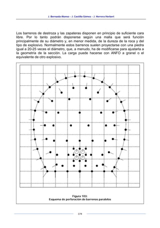 J. Bernaola Alonso - J. Castilla Gómez - J. Herrera Herbert
174
Los barrenos de destroza y las zapateras disponen en principio de suficiente cara
libre. Por lo tanto podrán disponerse según una malla que será función
principalmente de su diámetro y, en menor medida, de la dureza de la roca y del
tipo de explosivo. Normalmente estos barrenos suelen proyectarse con una piedra
igual a 20-25 veces el diámetro, que, a menudo, ha de modificarse para ajustarla a
la geometría de la sección. La carga puede hacerse con ANFO a granel o el
equivalente de otro explosivo.
Figura 103:
Esquema de perforación de barrenos paralelos
 