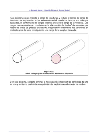 J. Bernaola Alonso - J. Castilla Gómez - J. Herrera Herbert
179
Para agilizar en gran medida la carga de voladuras, y reducir el tiempo de carga de
la misma, es muy común, sobre todo en obra civil, donde los tiempos son más que
ajustados, el conformado de cargas lineales antes de la carga de la voladura. Las
cargas que se conforman consisten en la elaboración de “cañas” de explosivo por
medio de tubos de plástico acanalado, disponiendo linealmente los cartuchos en
contacto unos de otros consiguiendo una carga de la longitud deseada.
Con este sistema, se logra eliminar la necesidad de introducir los cartuchos de uno
en uno y pudiendo realizar la manipulación del explosivo en el exterior de la obra.
Figura 107:
Tubos “omega” para el conformado de cañas de explosivo
 
