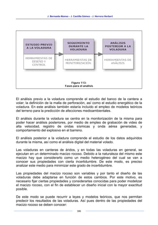 J. Bernaola Alonso - J. Castilla Gómez - J. Herrera Herbert
186
El análisis previo a la voladura comprende el estudio del banco de la cantera a
volar; la definición de la malla de perforación, así como el estudio energético de la
voladura. En este análisis también estaría incluido el empleo de modelos teóricos
del terreno para la predicción de afecciones medioambientales.
El análisis durante la voladura se centra en la monitorización de la misma para
poder hacer análisis posteriores, por medio de empleo de grabación de video de
alta velocidad, registro de ondas sísmicas y onda aérea generadas, y
comportamiento del explosivo en el barreno.
El análisis posterior a la voladura comprende el estudio de los datos adquiridos
durante la misma, así como el análisis digital del material volado.
Las voladuras en canteras de áridos, y en todas las voladuras en general, se
ejecutan en un determinado macizo rocoso. Debido a la naturaleza del mismo este
macizo hay que considerarlo como un medio heterogéneo del cual se van a
conocer sus propiedades con cierta incertidumbre. De este modo, es preciso
analizar este medio para minimizar este grado de incertidumbre.
Las propiedades del macizo rocoso son variables y por tanto el diseño de las
voladuras debe adaptarse en función de estos cambios. Por este motivo, es
necesario fijar ciertas propiedades y considerarlas conocidas para poder modelizar
el macizo rocoso, con el fin de establecer un diseño inicial con la mayor exactitud
posible.
De este modo se puede recurrir a leyes y modelos teóricos, que nos permitan
predecir los resultados de las voladuras. Así pues dentro de las propiedades del
macizo rocoso se deben conocer:
Figura 113:
Fases para el análisis
 