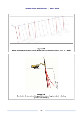 J. Bernaola Alonso - J. Castilla Gómez - J. Herrera Herbert
191
Figura 118:
Resultados de la determinación de la dirección real de los barrenos (Vista 3D) (MDL)
Figura 119:
Desviación de la perforación y su influencia en la piedra de la voladura
(Fuente: Atlas Copco)
 