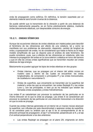 J. Bernaola Alonso - J. Castilla Gómez - J. Herrera Herbert
200
onda de propagación como esférica. En definitiva, la tensión soportada por un
elemento material será función inversa de la distancia.
Se puede admitir que la transmisión de la vibración a partir de una distancia de
barrenos relativamente pequeña, es en forma prácticamente elástica, mediante
ondas básicamente elásticas, con despreciable consumo de energía.
15.2.1. ONDAS SÍSMICAS
Aunque las ecuaciones clásicas de ondas elásticas son inadecuadas para describir
el fenómeno de las vibraciones por efecto de una voladura, tal y como se
manifiesta con sus problemas de atenuación, dispersión, cambio de longitud de
onda y superposición de ondas, ha de considerarse que hasta la fecha es el mejor
modelo simplificado de que se dispone para el análisis de este fenómeno. Se
puede considerar, pues, que a efectos de las vibraciones en voladuras, sólo nos
interesa la propagación de ondas en la zona exterior o elástica en torno del barreno
y que en ella las únicas ondas significativas que se transmiten resultan ser ondas
elásticas de baja energía.
Básicamente se pueden agrupar los tipos de ondas elásticas en dos grupos:
• Ondas internas, que se propagan por el interior del sólido rocoso en
nuestro caso y dentro de las cuales se encuentran: las ondas
longitudinales, de compresión o principales P y las ondas transversales,
de cizalladura o secundarias S.
• Ondas de superficie, que únicamente se transmiten por la superficie del
material y entre las que se encuentran: las ondas Rayleigh R y las ondas
Love L; son las principales, si bien ya se ha indicado que existen las
llamadas ondas acopladas y ondas hidrodinámicas.
Las ondas P se caracterizan por provocar la oscilación de las partículas en la
misma dirección en la que la onda se propaga. Las ondas S se caracterizan por
provocar la oscilación de las partículas en una dirección transversal a la dirección
en que la onda se propaga.
Cuando las ondas internas generadas en el interior de un macizo rocoso alcanzan
la superficie, son influidas por esta discontinuidad y aparecen ondas de superficie.
Si se considera para su análisis que el eje X es el correspondiente al de la
dirección principal de propagación, el eje Y al horizontal, perpendicular al X, y el eje
Z al vertical perpendicular a los dos anteriores:
• Las ondas Rayleigh se propagan en el plano ZX, originando en dicho
 