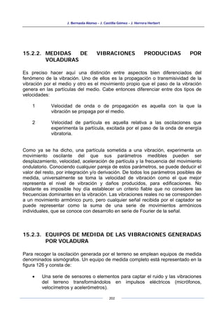 J. Bernaola Alonso - J. Castilla Gómez - J. Herrera Herbert
202
15.2.2. MEDIDAS DE VIBRACIONES PRODUCIDAS POR
VOLADURAS
Es preciso hacer aquí una distinción entre aspectos bien diferenciados del
fenómeno de la vibración. Uno de ellos es la propagación o transmisividad de la
vibración por el medio y otro es el movimiento propio que el paso de la vibración
genera en las partículas del medio. Cabe entonces diferenciar entre dos tipos de
velocidades:
1 Velocidad de onda o de propagación es aquella con la que la
vibración se propaga por el medio.
2 Velocidad de partícula es aquella relativa a las oscilaciones que
experimenta la partícula, excitada por el paso de la onda de energía
vibratoria.
Como ya se ha dicho, una partícula sometida a una vibración, experimenta un
movimiento oscilante del que sus parámetros medibles pueden ser
desplazamiento, velocidad, aceleración de partícula y la frecuencia del movimiento
ondulatorio. Conociendo cualquier pareja de estos parámetros, se puede deducir el
valor del resto, por integración y/o derivación. De todos los parámetros posibles de
medida, universalmente se toma la velocidad de vibración como el que mejor
representa el nivel de vibración y daños producidos, para edificaciones. No
obstante es imposible hoy día establecer un criterio fiable que no considere las
frecuencias dominantes en la vibración. Las vibraciones reales no se corresponden
a un movimiento armónico puro, pero cualquier señal recibida por el captador se
puede representar como la suma de una serie de movimientos armónicos
individuales, que se conoce con desarrollo en serie de Fourier de la señal.
15.2.3. EQUIPOS DE MEDIDA DE LAS VIBRACIONES GENERADAS
POR VOLADURA
Para recoger la oscilación generada por el terreno se emplean equipos de medida
denominados sismógrafos. Un equipo de medida completo está representado en la
figura 126 y consta de:
• Una serie de sensores o elementos para captar el ruido y las vibraciones
del terreno transformándolos en impulsos eléctricos (micrófonos,
velocímetros y acelerómetros).
 