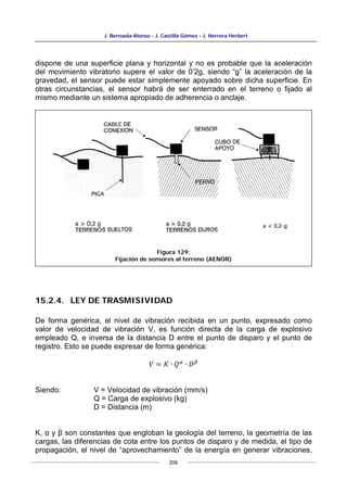J. Bernaola Alonso - J. Castilla Gómez - J. Herrera Herbert
206
dispone de una superficie plana y horizontal y no es probable que la aceleración
del movimiento vibratorio supere el valor de 0’2g, siendo “g” la aceleración de la
gravedad, el sensor puede estar simplemente apoyado sobre dicha superficie. En
otras circunstancias, el sensor habrá de ser enterrado en el terreno o fijado al
mismo mediante un sistema apropiado de adherencia o anclaje.
15.2.4. LEY DE TRASMISIVIDAD
De forma genérica, el nivel de vibración recibida en un punto, expresado como
valor de velocidad de vibración V, es función directa de la carga de explosivo
empleado Q, e inversa de la distancia D entre el punto de disparo y el punto de
registro. Esto se puede expresar de forma genérica:
𝑉 = 𝐾 ∙ 𝑄𝛼
∙ 𝐷𝛽
Siendo: V = Velocidad de vibración (mm/s)
Q = Carga de explosivo (kg)
D = Distancia (m)
K, α y β son constantes que engloban la geología del terreno, la geometría de las
cargas, las diferencias de cota entre los puntos de disparo y de medida, el tipo de
propagación, el nivel de “aprovechamiento” de la energía en generar vibraciones,
Figura 129:
Fijación de sensores al terreno (AENOR)
 